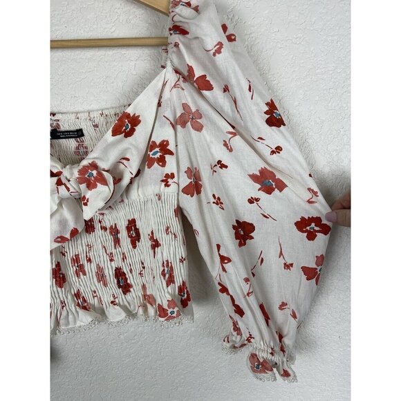 Zara Floral Linen Blend Top Womens Size Small Floral Cropped Boho Peasant‎ - Picture 5 of 10